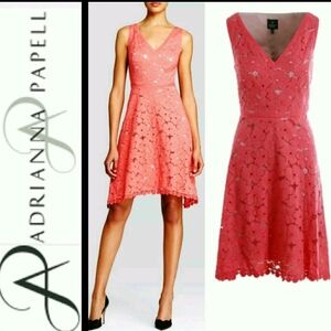 ADRIANNA PAPELL Pink Coral Lace Overlay V-Neck Fit & Flare Dress Size 12